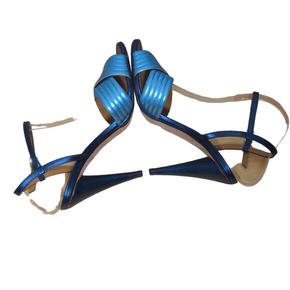 Veronica Beard Olympia Quarter Strap Sandals Heels Blue Leather Ankle 41 - Picture 5 of 13